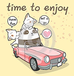 Kawaii panda is driving a pink car with 2 cats