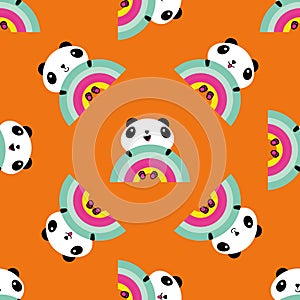 Kawaii panda rainbow seamless vector pattern background. Backdrop with cute black and white sitting cartoon bears