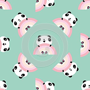 Kawaii panda rainbow seamless vector pattern background. Backdrop with cute black and white sitting cartoon bears