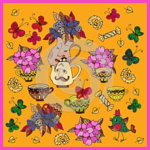 Kawaii pattern with dishes, teapot, teacups, candy,bunch of flowers, birds and butterflies on yellow background