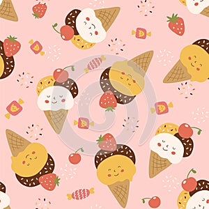 Kawaii pattern, kawaii food ice cream cone seamless pattern. Pink pattern, summer sweet background. Cute smiling ice creams,