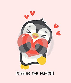 kawaii penguin with red heart cartoon, cute Valentine animal character illustration, playful hand drawn festive love graphic photo