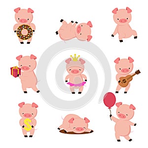 Kawaii pigs. Funny baby pig in mud, piggy eating and running. Cartoon swine vector character