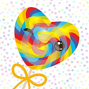 Kawaii with pink cheeks winking eyes, Valentine`s Day Heart shaped candy lollipop with bow, bright rainbow stripes, colorful