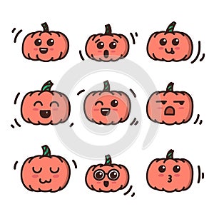 Kawaii pumpkins Halloween doodle style cartoon hand drawn set