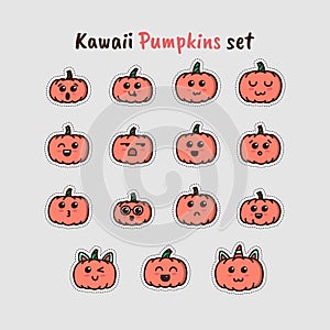 Kawaii pumpkins set for Halloween. Nah drawn doodle style cartoon illustration