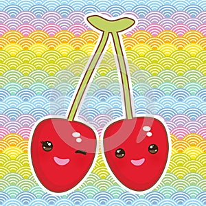 Kawaii Ripe red cherry with pink cheeks winking eyes on rainbow pattern abstract simple Spring Nature background with wave circle