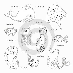 Kawaii sea cats coloring pages