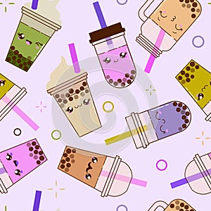 Kawaii seamless pattern with boba bubble milk tea on violet background. A popular Taiwanese drink with tapioca pearls