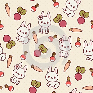 Kawaii seamless pattern with bunnies and vegetables