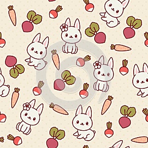 Kawaii seamless pattern with bunnies and vegetables photo