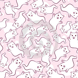 Kawaii seamless pattern with ghost cats for kids and babies. Repetitive background with floating kitties for Halloween.