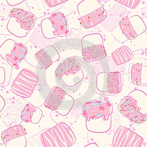 Kawaii seamless pattern with pink marshmallows and colorful sprinkles. Repeat background with sweets and desserts for kids