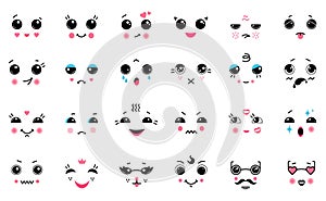 Kawaii set. Cartoon Japanese cute emoticons, smile laugh anger and cry emotions with big black eyes. Vector funny anime