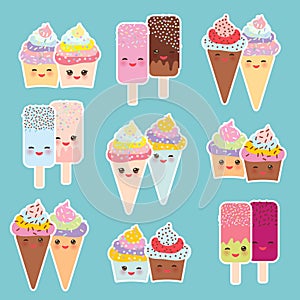 Kawaii set cupcakes with cream, ice cream in waffle cones, ice lolly with pink cheeks and winking eyes, pastel colors on light blu