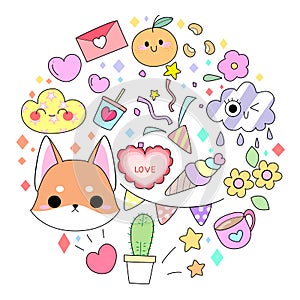 Kawaii set fashion patches badges for sticker , postcard , invitation . vector illustration for kids on a circle background