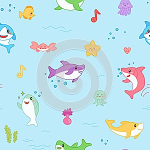 Kawaii Shark Seamless Pattern. Cute Funny Fish Nautical Background with Sea Creatures and Marine Life for Wallpaper