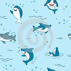 Kawaii Shark Seamless Pattern. Cute Funny Sharks Nautical Background with Sea Creatures and Marine Life for Wallpaper