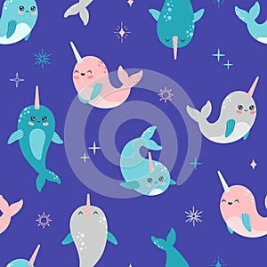 Kawaii smiling narwhal seamless pattern, cute baby whale
