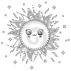 Kawaii Smiling Sun with Sparkles. Ornamental Doodle Mandala Outline coloring page.