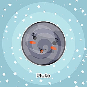 Kawaii space card. Doodle with pretty facial expression. Illustration of cartoon pluto in starry sky