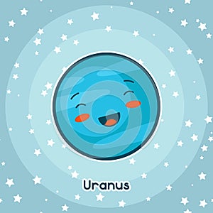 Kawaii space card. Doodle with pretty facial expression. Illustration of cartoon uranus in starry sky