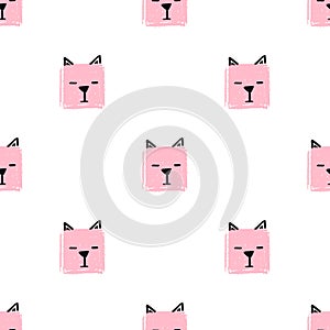 Kawaii Squares Cats Seamless pattern. Vector Hand Draw Background with the faces of Cats