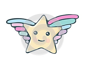 Kawaii star vector. Cute cartoon star with wings and smile. Cute star illustration for kids. Design children, stickers. Baby