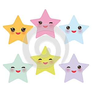 Kawaii stars set, face with eyes, boys and girls pink green blue purple yellow pastel colors on white background. Vector