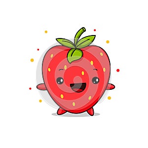 Kawaii Strawberry cartoon vector illustration, cute summer berry smiling for logo, poster, banner, logo, icon, textile