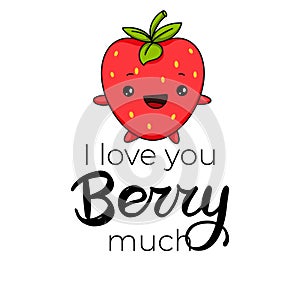 Kawaii Strawberry cartoon vector illustration, cute summer berry smiling for logo, poster, banner, logo, icon, textile