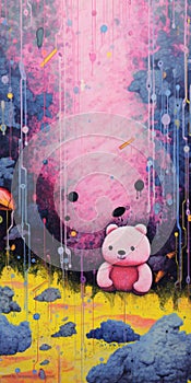 Kawaii Street Art: Abstract Bear Painting With Lava And Pink Colors