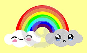 Kawaii style rainbow opposite feelings, happiness and sadness photo