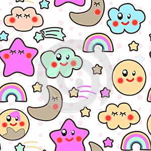 Kawaii style Seamless Pattern Background with cute clouds, stars, rainbow and moon.