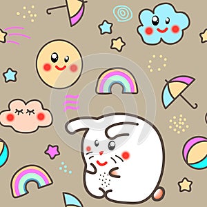 Kawaii style Seamless Pattern Background with cute clouds, stars, rainbow and moon.