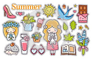 Kawaii summer stickers. Collection of vector illustrations.