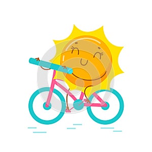 Kawaii Sun Personage Riding Bicycle Isolated on White Background. Cute Cartoon Summer Character Summertime