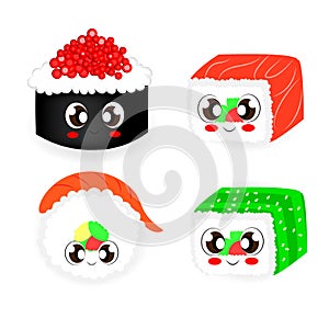 kawaii sushi nigiri rolls Stickers set hand drawn color vector Japanese cartoon style Fashion illustration hand drawn