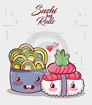 Kawaii sushi salmon wasabi and salad food japanese cartoon, sushi and rolls