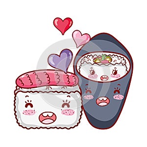 Kawaii sushi and temaki food japanese cartoon, sushi and rolls