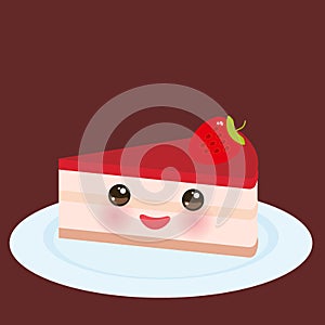 Kawaii Sweet cake decorated with fresh Strawberry, pink cream and chocolate icing, piece of cake on the blue plate, pastel colors