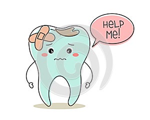 Kawaii unhealthy tooth with dental caries, cute cartoon character. Dental care. Illustration, icon