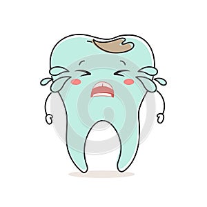 Kawaii unhealthy tooth with dental caries, cute cartoon character. Dental care. Illustration, icon