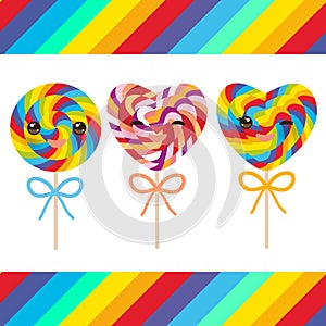 Kawaii Valentine`s Day Heart shaped candy lollipops with bow, colorful spiral candy cane with bright rainbow stripes. on stick wit