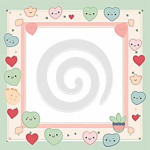kawaii valentines day frame with hearts and plants on a green background