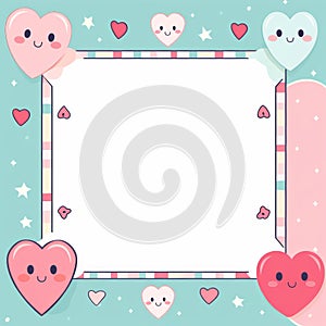 kawaii valentines day frame with hearts and stars on a blue background