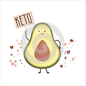 Kawaii vector illustration of a blinking avocado with a Keto plate.