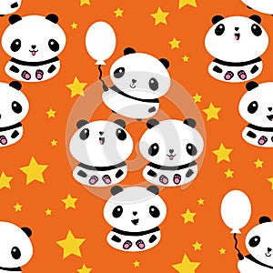 Kawaii vector panda seamless pattern pattern background. Cute black and white sitting cartoon bears with balloons and
