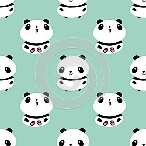 Kawaii vector panda seamless pattern pattern background. Cute black and white sitting cartoon bears on pastel teal
