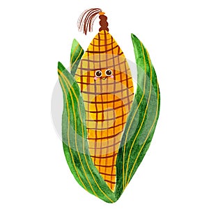 Kawaii vegetable - watercolor maize, corn with eyes isolated cute element for kids design. Funny hand drawing corn